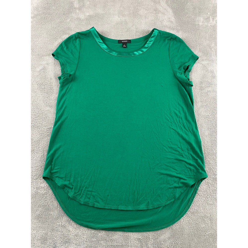 Alfani Womens Green Satin Trim Scoop Neck High Low Short Sleeve Top Size M
